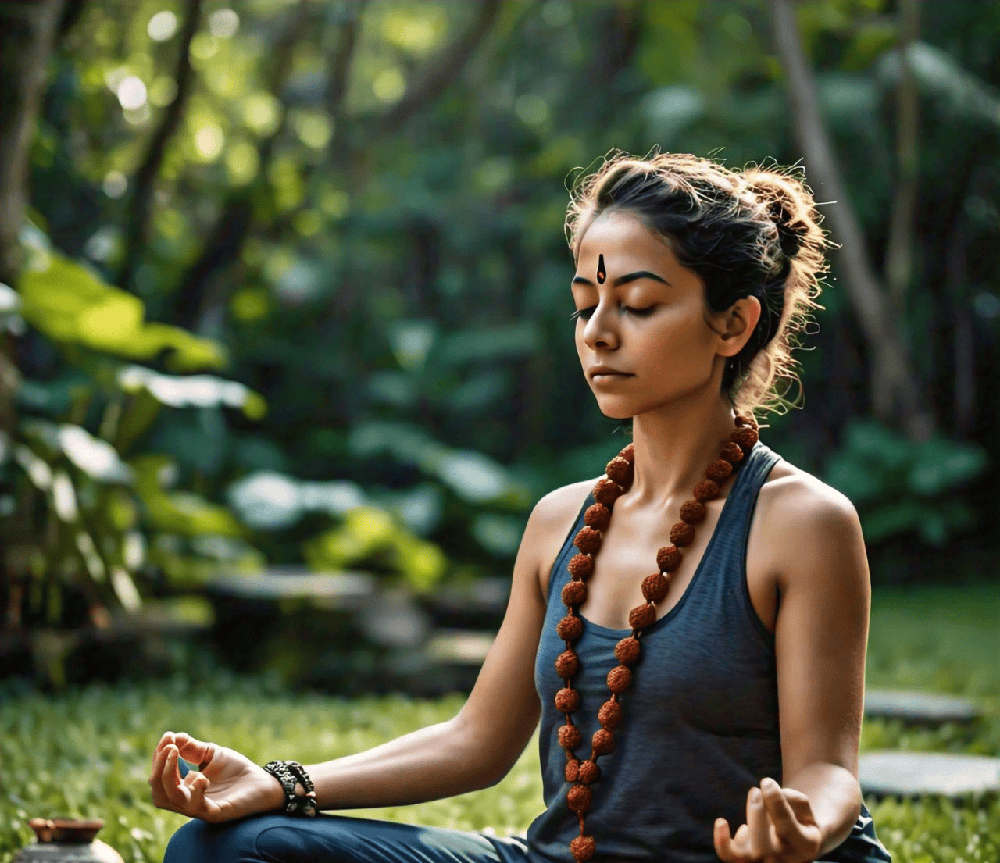 An image of a person meditating with authentic Rudraksha beads, embodying focus and spiritual connection